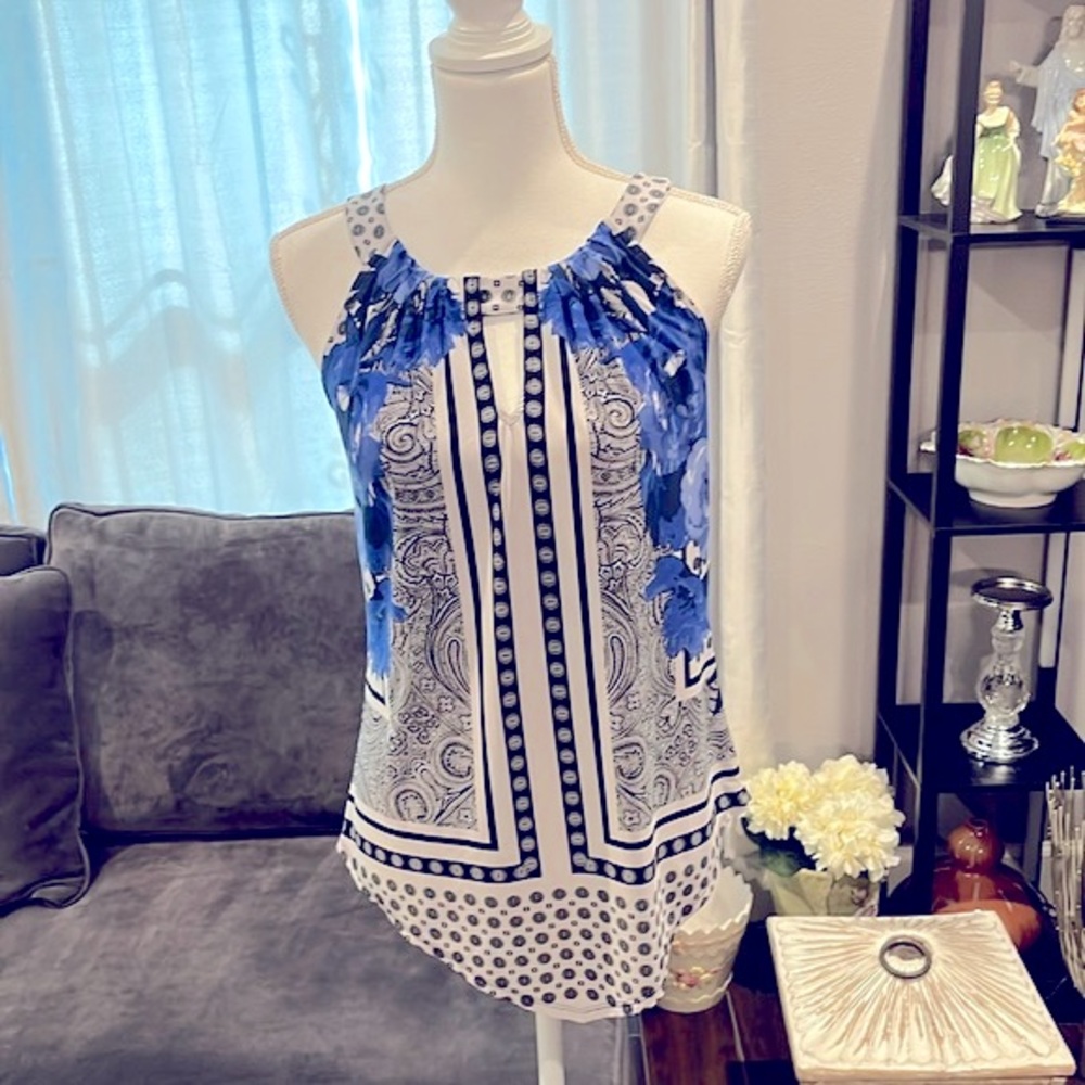 INC International Concepts Blue, White & Black Summer Top. Handkerchief hem. Sm